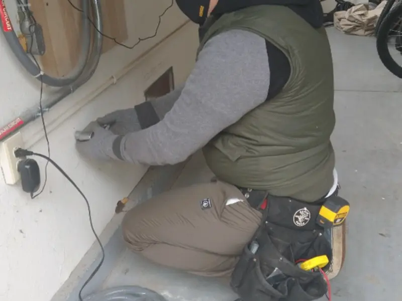 Electrician performing outlet wiring in a Elon garage